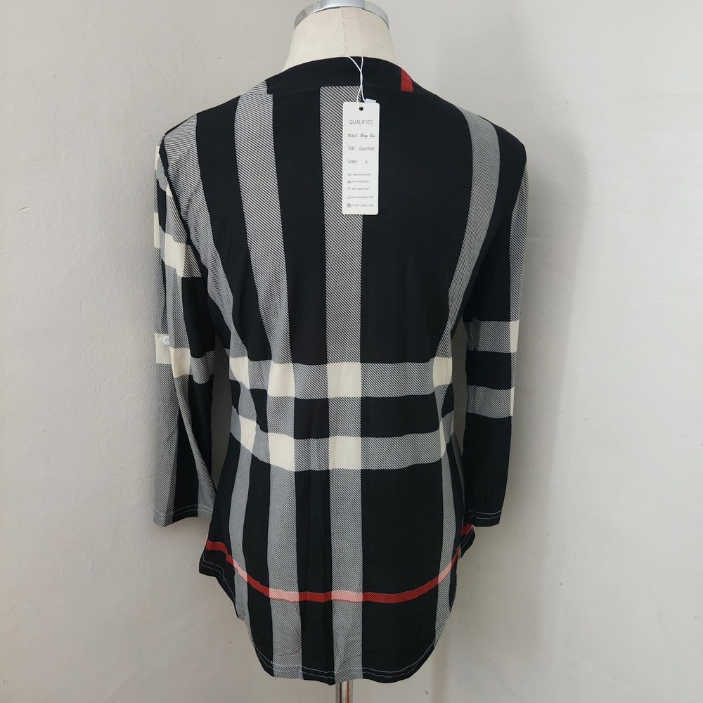 Hong Xin Womens Plaid Tunic Top Black White 3/4 Roll Tab Sleeve Blouse - Picture 2 of 5